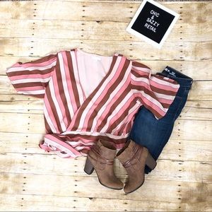 Leith Pink Brown Striped Short Sleeve Cropped Wrap